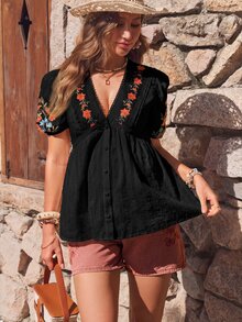 Boho Mama Maternity V-Neck Floral Embroidered Pleated Casual Versatile Blouse - Black - View 5