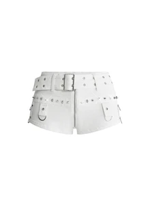ROMWE Grunge Punk Summer Music Festival Punk Metal Skull Studded Ultra Low Waist High Stretch Skinny Denim Shorts - White - View 1