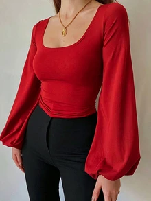 INAWLY Women's Plus Size Square Neck Lantern Sleeve Long Sleeve Sexy Fitted Top T-Shirt - Red - View 1