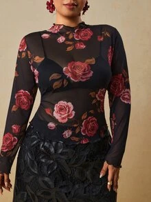 Travachic 大尺碼女款黑色玫瑰針織上衣，小高領長袖打底衫 - 黑色 - 查看 3