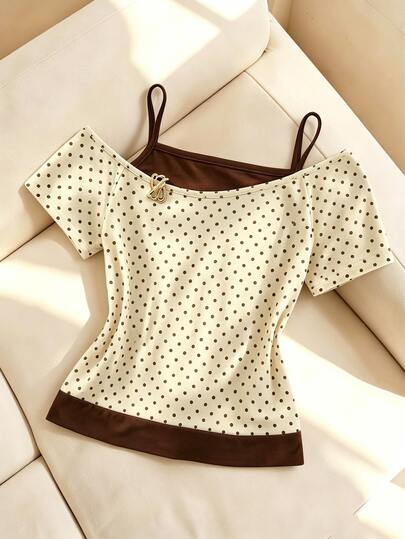 SHEIN Elladie kids Tween Girls Fashion Casual 2 In 1 Street Style T-Shirt, This T-Shirt Is Suitable For Creating A Fashion Item, Featuring Cold Shoulder Short Sleeve Design, Perfect For Summer Entertainment And Leisure Activities, Shopping And Photo Taking.