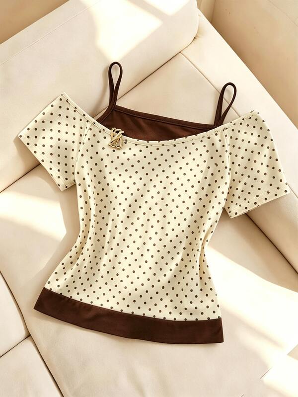 SHEIN Elladie kids Tween Girls Fashion Casual 2 In 1 Street Style T-Shirt, This T-Shirt Is Suitable For Creating A Fashion Item, Featuring Cold Shoulder Short Sleeve Design, Perfect For Summer Entertainment And Leisure Activities, Shopping And Photo Taking.
