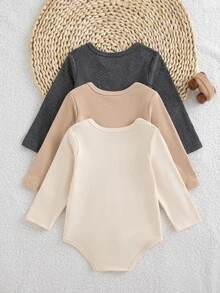 SHEIN Vintaside Kids 3件組男嬰長袖連身衣，親膚柔軟保暖，簡約百搭，穿脫方便，貼合嬰兒身形，不限制活動，適合疊穿與日常外出 - 彩色 - 查看 3