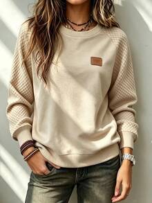 SHEIN LUNE Women's Casual Raglan Sleeve Sweatshirt, Autumn Everyday Travel Beige - Multicolor - View 3