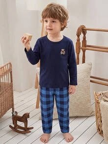 Snug Fit Pajamas Boys Toddler Long Sleeve & Long Pants Set, Fun Bear Pattern Design, Comfortable Soft Skin-Friendly Fabric, Suitable For Young Boy Home Wear - Royal Blue - View 6
