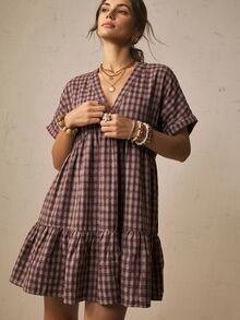 Freevana Plaid Batwing Sleeve Ruffle Hem Loose Dress, Beach Dress, Vacation Bohemian Style, Summer Dresses - Coffee Brown - View 5