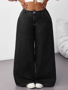 SHEIN Tall CURVE 大尺碼女款寬腿寬鬆休閒牛仔褲，附口袋 - 黑色 - 查看 6