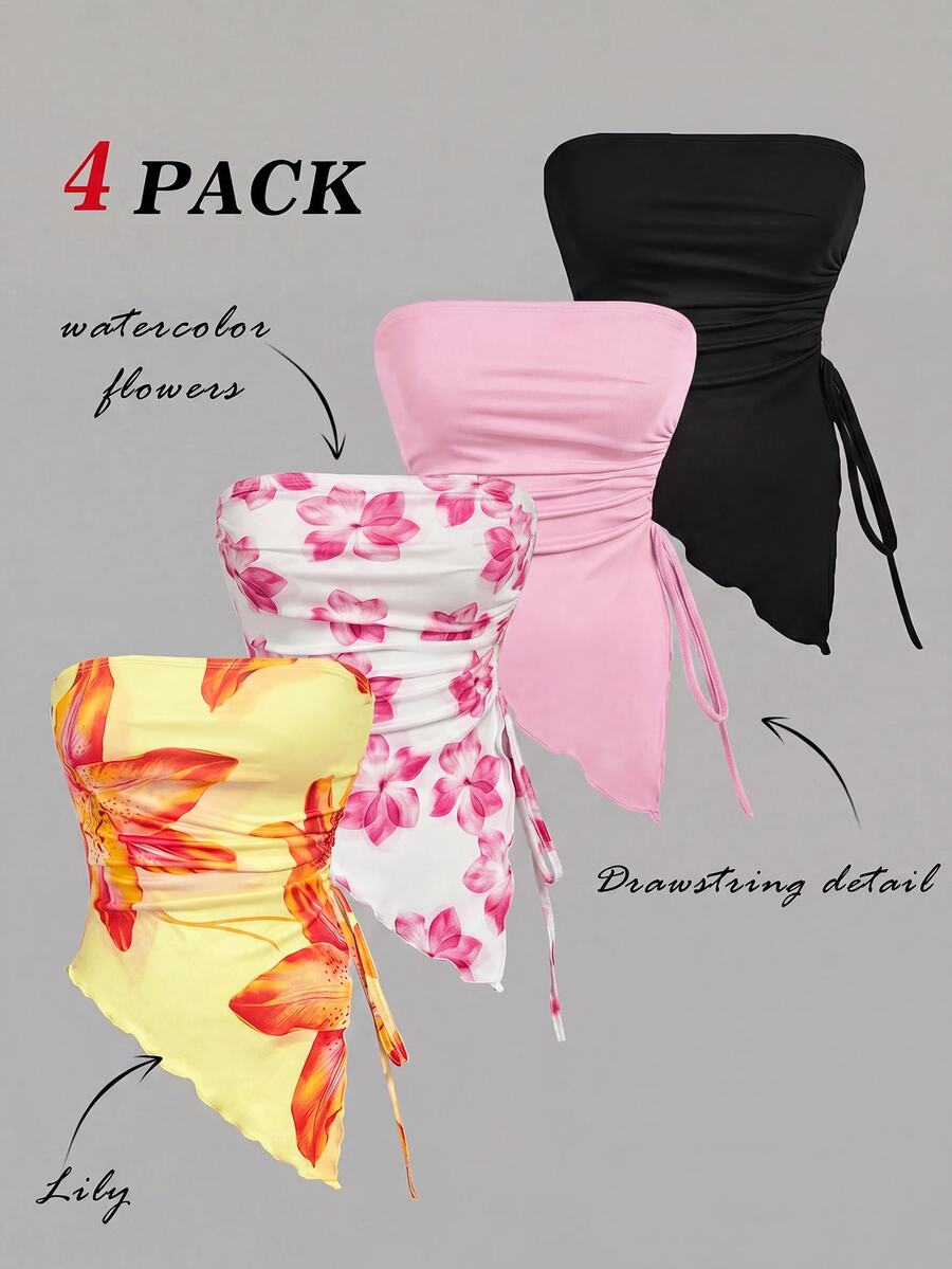 SHEIN MOD 4件組夏季休閒花卉印花不對稱下擺抹胸上衣 - 玫紅色 - 查看 1