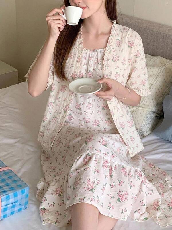 DAZY 2pcs/Set Setelan Piyama Musim Panas Wanita: Kardigan Longgar Motif Bunga Kecil dan Gaun Tali Bahu Tipis