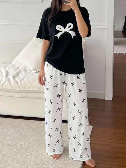 DAZY Women's Simple Round Neck Short Sleeve Top And Bow Pattern Printed Long Pants Pajama Set