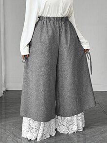 Maweii Plus Size 2 In 1 Lace Patchwork Side Bowknot Long Pants - Dark Grey - View 1