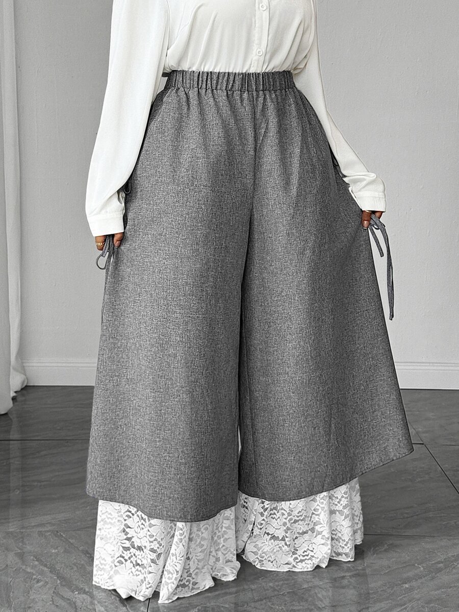 Maweii Plus Size 2 In 1 Lace Patchwork Side Bowknot Long Pants - Dark Grey - View 1