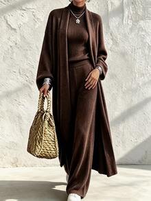 SHEIN Women's Basic Fashion Minimalist Elegant Romantic Commute French Style Dress 3 Pieces Set - Coffee Brown - View 7