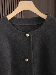 GlowEve CURVE Plus Size Women's Elegant Casual Commute Short Round Neck Metal Button Lantern Sleeve A-Line High-End Elegant Wool Jacket, Versatile And Easy To Match, Suitable For Commuting, Working, And Home Wear - Dark Grey - View 4