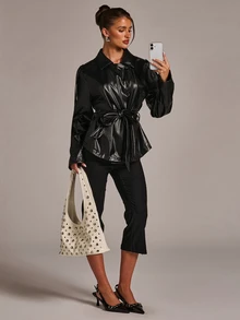 SHEIN BAE Women's Autumn Fashion Belted Trench Coat - Black - View 3