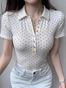 DAZY 春夏波點滿版印花白色上衣，彩色鈕扣裝飾，休閒街頭風運動音樂祭性感修身短袖女款T恤 - 白色 - 查看 3