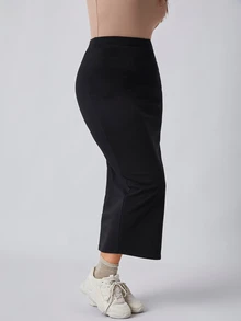 SHEIN BASICS Plus Size Women's Solid Color Casual Versatile Skirt - Black - View 4