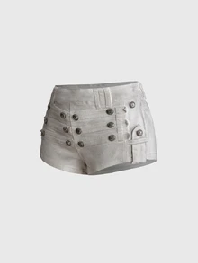 ROMWE Grunge Punk 女款牛仔短褲，拿破崙元素金屬扣，海軍藍辣妹風音樂節春夏性感低腰 - 淺灰色 - 查看 5