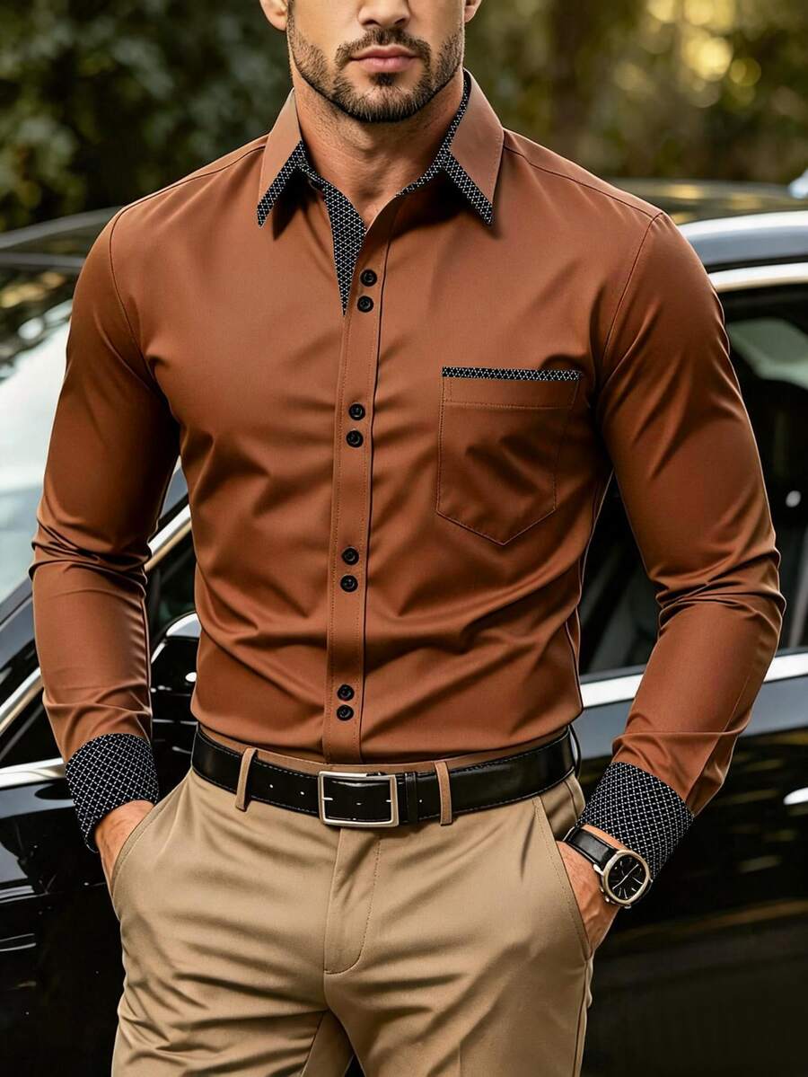 Manfinity Mode Men's Casual Fashion Long Sleeve Shirt - Coffee Brown - View 1
