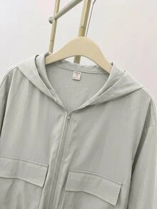 SHEIN 青少年女孩編織純色貼袋短版寬鬆休閒連帽外套 - 橄欖綠 - 查看 8