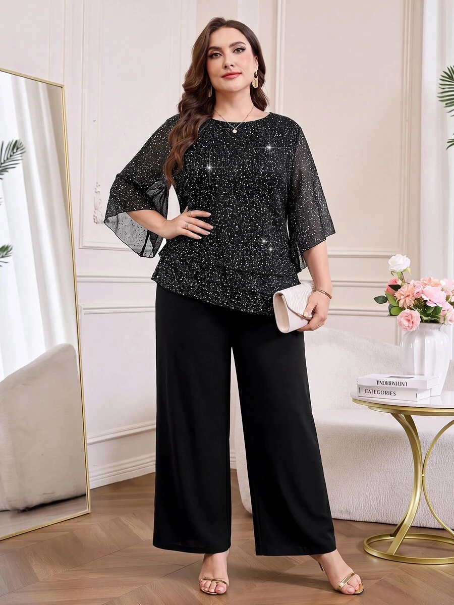 SHEIN Clasi Plus Size Fashion Party Glitter Top & Pants 2 Pieces Set