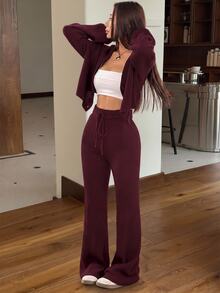 SHEIN EZwear 2件組女款休閒純色寬肩帶開襟衫與抽繩腰喇叭褲套裝，適合秋冬 - 酒紅色 - 查看 6