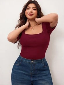 Enliva Plus Size Women's High Elasticity Slim Fit Square Neck Short Sleeve T-Shirt, Skin-Friendly Spring/Summer Style, Flattering For Round Body Shape (Suitable For Apple-Shaped Body) - Burgundy - View 5