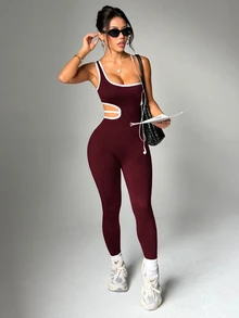 Dewbera Dewbera Women's One-Shoulder Side Waist Cutout Design Sports Jumpsuit - Red - View 1