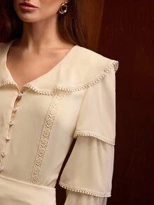 MOTF PREMIUM WOMEN'S BEIGE ROMANTIC RETRO RUFFLE V-NECK HOLLOW LACE PATCHWORK TIERED FLARED LONG SLEEVE ELEGANT BLOUSE COCKTAIL PARTY - Apricot - View 1