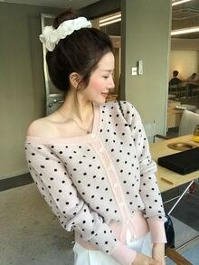 DAZY Women's Asymmetrical Shoulder Polka Dot Korean Style Long Sleeve Autumn/Winter Cardigan - Pink - View 5
