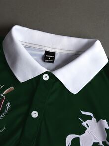 STYNVO 男士字母騎士印花長袖休閒 Polo 衫 - 墨綠色 - 查看 3