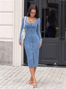 SHEIN 女款彈性修身長袖水洗牛仔洋裝 - 藍色 - 查看 4