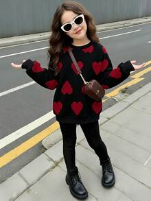 女童休閒圓領長袖運動衫與內搭褲2件套，適合秋冬穿著 - 彩色 - 查看 2