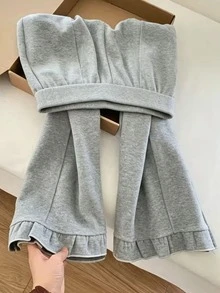 Franclia Women's Solid Color Elastic Waist Ruffle Hem Casual Long Pants - Grey - View 3