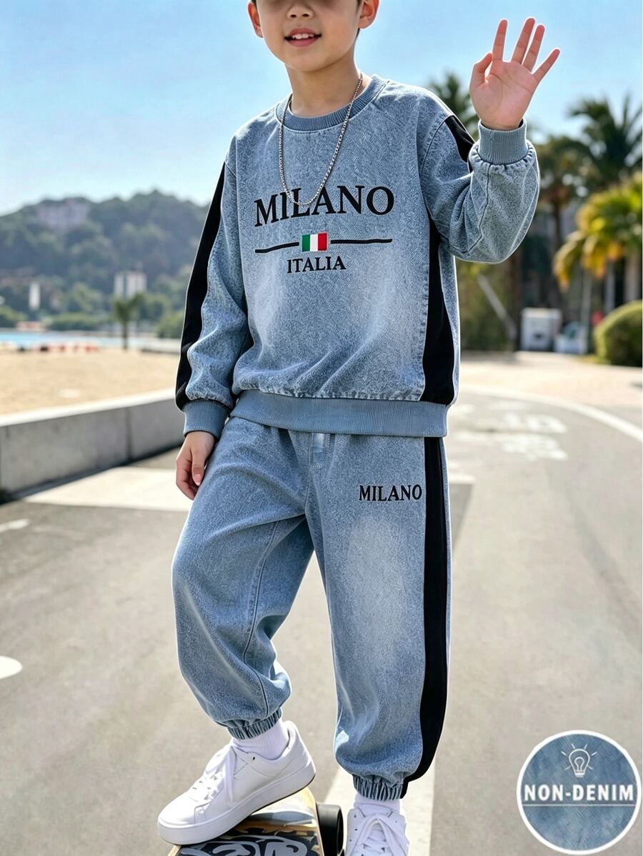 SHEIN 2件組男孩時尚針織牛仔效果數位印花衛衣與長褲套裝，綠色胸前圖案印花，酷炫街頭風，適合秋季、上學、外出