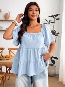 Enliva Blusa de talla grande con cuello cuadrado, ajuste holgado, volantes escalonados y manga corta - Azul - Ver 4