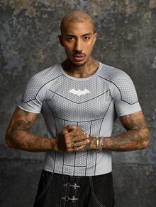 BATMAN X SHEIN Men's Geometric Bat Print Short Sleeve Slim Fit T-Shirt - Grey - View 6
