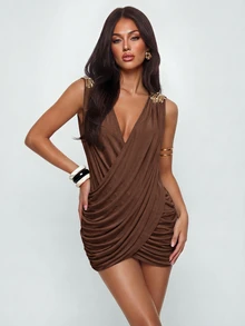 Avantive Women's Summer Fashion Cross Wrap Sleeveless Mini Dress - Rust Brown - View 6