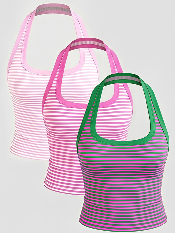 Lalippa Tank Top Halter Bergaris Warna Blok Seksi untuk Liburan Wanita