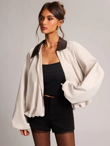 SHEIN BAE Women's Colorblock Zipper Casual Versatile Daily Long Sleeve Jacket - Grey - View 3