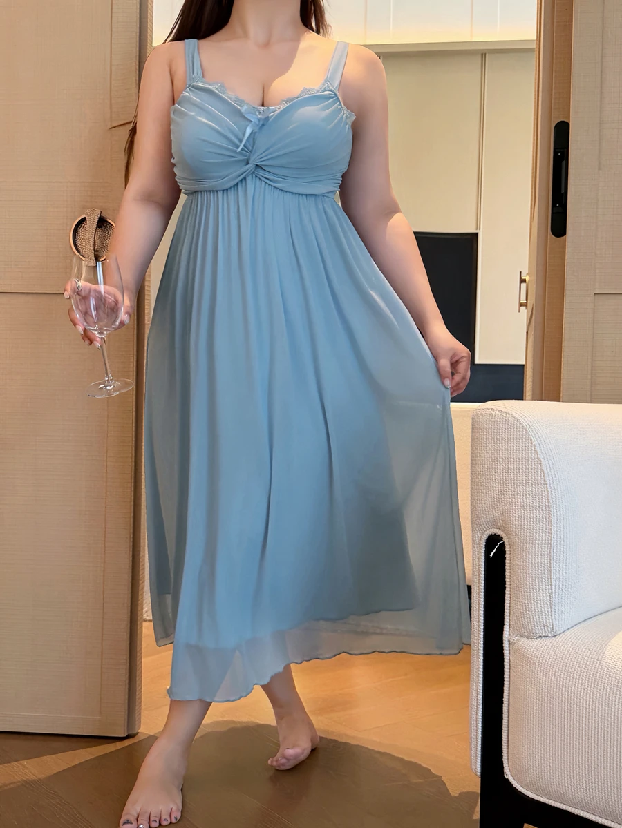 Dazy Plus Romantic Mesh Knit Fabric Ruched Design Lace Patchwork Cami Nightgown - Blue - View 1