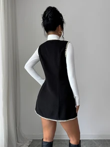 Elenzga Áo vest khoác dáng ôm thêu vỏ sò, nút ngọc trai giả, phong cách công sở tinh tế cho mùa Thu/Đông - màu đen - Xem 2
