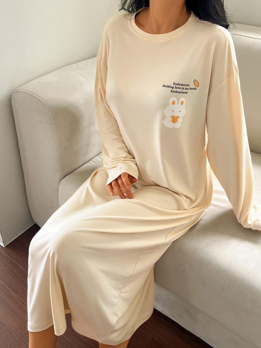 DAZY Women's Loose Long Sleeve T-Shirt Dress Nightgown With English Rabbit Pattern, Home Wear Dress - Apricot - View 1