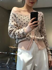 DAZY Women's Asymmetrical Shoulder Polka Dot Korean Style Long Sleeve Autumn/Winter Cardigan - Pink - View 11