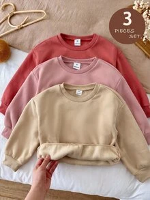 SHEIN LMoss Kids 女童 3 件組針織素色圓領寬鬆休閒秋季衛衣套裝 - 粉色 - 查看 8