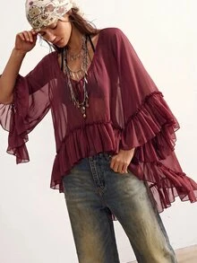 Bohemela Casual Solid Color Woven Ruffle Trim Oversized Women's Shirt - Rust Brown - View 3