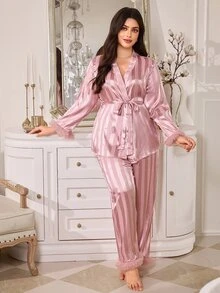 MuseNap CURVE Pink Satin Vertical Striped Mesh Trim Tie Front Plus Size Pajama Set - Pink - View 2