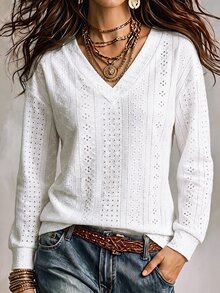 SHEIN LUNE 新款熱銷時尚休閒V領白色提花長袖T恤 - 白色 - 查看 3