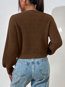 SHEIN LUNE 極簡純色落肩長袖針織開襟外套 - 棕色 - 查看 2