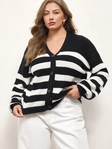 Maija Plus Size Autumn/Winter Casual Colorblock Striped Cardigan - Black and White - View 4